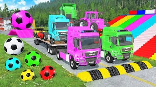 Double Flatbed Trailer Truck vs Speedbumps Train vs Cars | Tractor vs Train  Beamng.Drive #023