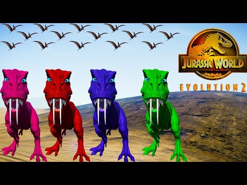 Rexy Colour Pack vs Spinosaurus, Indoraptor, I-Rex Jurassic World Evolution 2 Dinosaurs Fighting