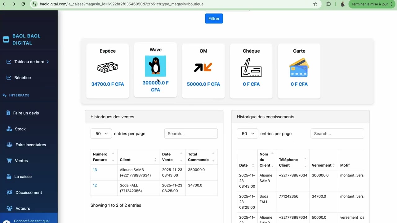 Comment consulter sa caisse (résumé des activités financières) avec Baol Baol Digital