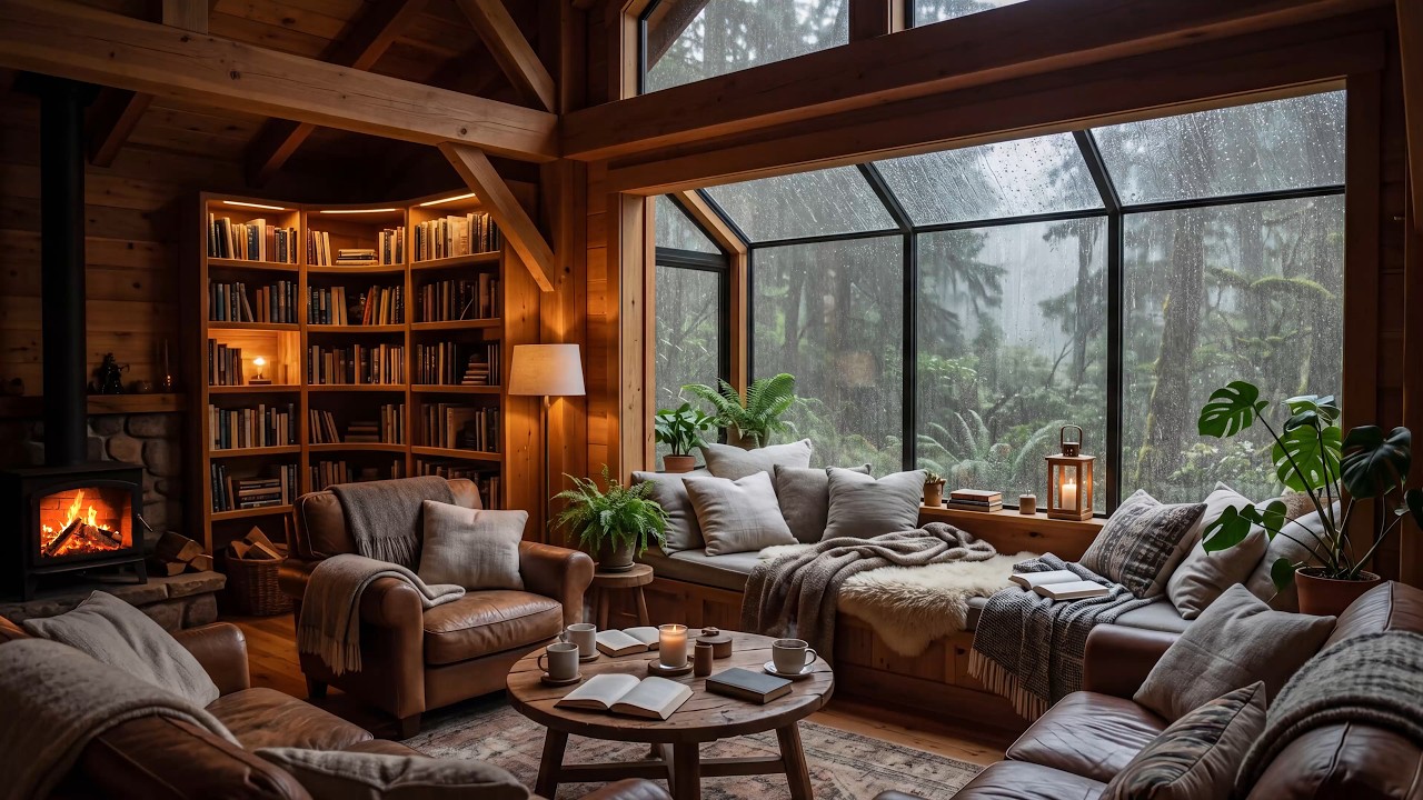 Rain Falling Outside a Cozy Forest Cabin 🌲 Smooth Jazz Piano and Warm Fireplace for Study, Unwind 🔥