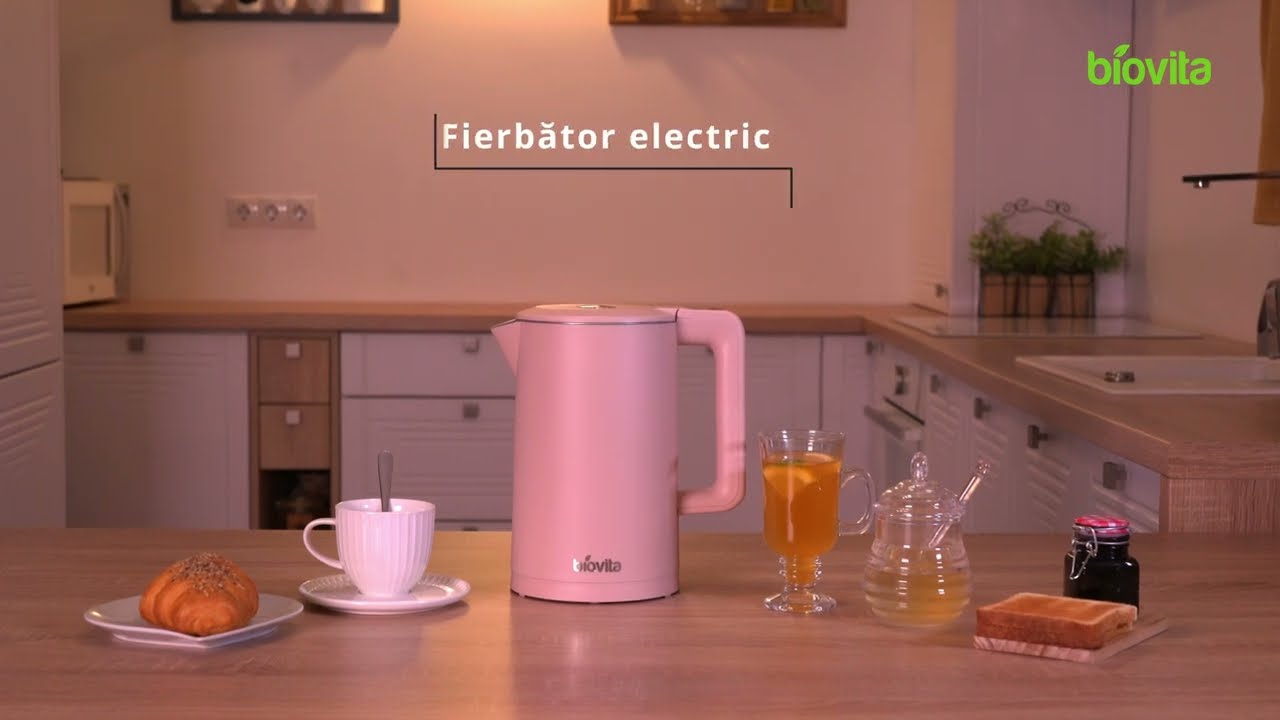 Fierbător electric din inox Biovita Smarty, 2200W, 1.7L, Roz