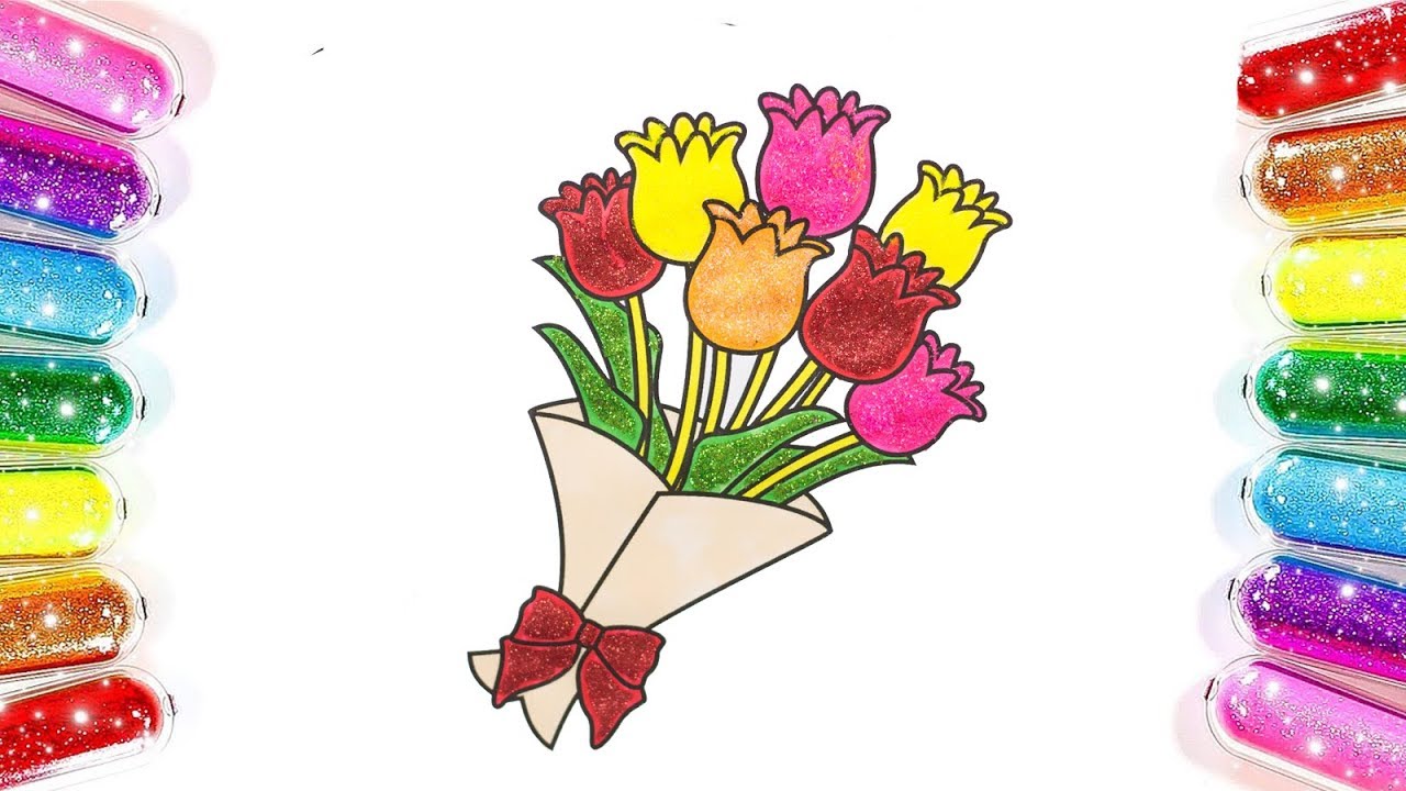 Glitters Flower Bouquet Coloring & Drawing | Flower Coloring Pages For Kids, Children & Toddlers