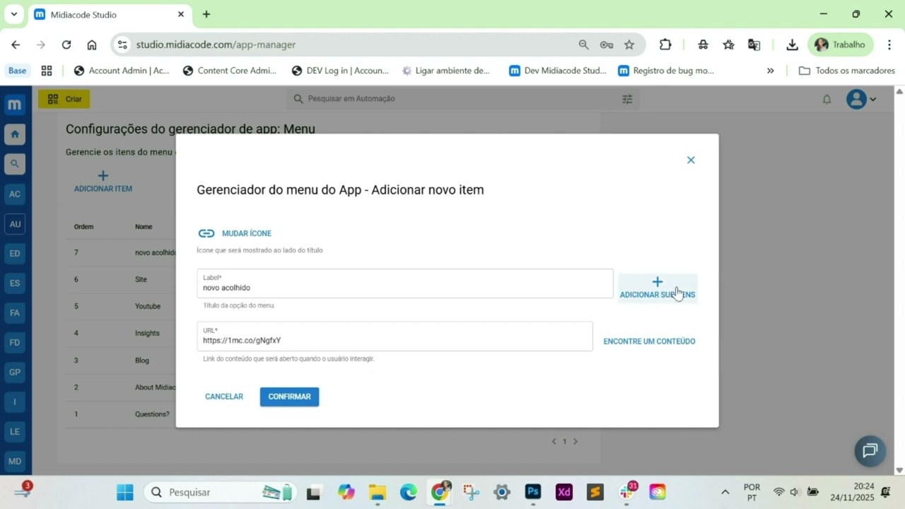 How to add a subitem to the left side menu of the super app by Midiacode
