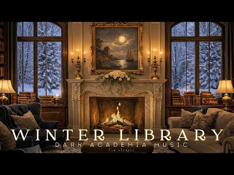 Winter Library with Fireplace | Dark Academia Piano Music & Cozy Ambience for Study & Reading
