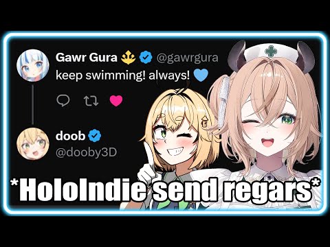 Nimi (Fauna) and Dooby (Ame) "send regards" to Gura, on Gura's graduation day