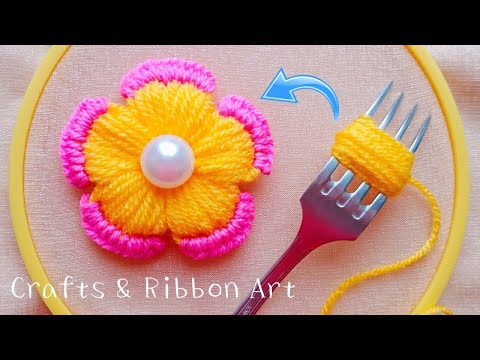 Super Easy Woolen Flower Making Ideas with Fork - Hand Embroidery Amazing Trick - DIY Woolen Flowers