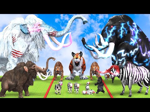 5 Giant Mammoth Elephant Cow vs 5 Giant Tiger Bull Zombie Elephant Attack Cow Calf Saved by Mastodon