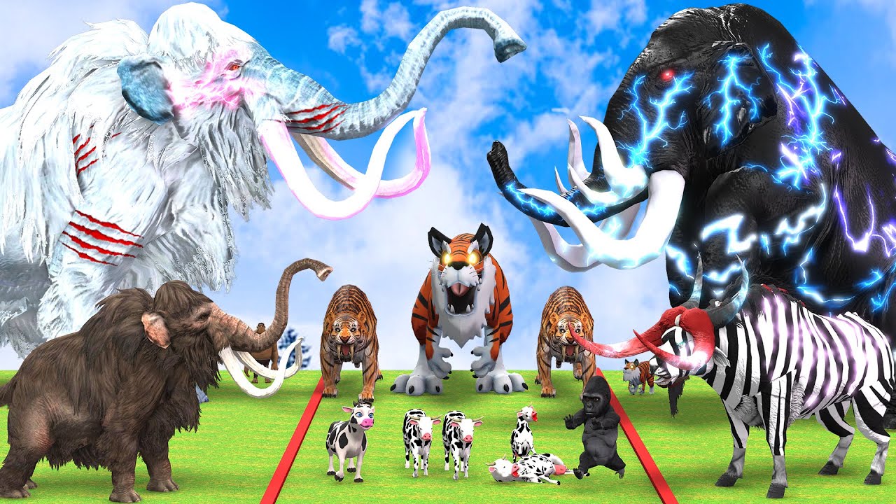 5 Giant Mammoth Elephant Cow vs 5 Giant Tiger Bull Zombie Elephant Attack Cow Calf Saved by Mastodon