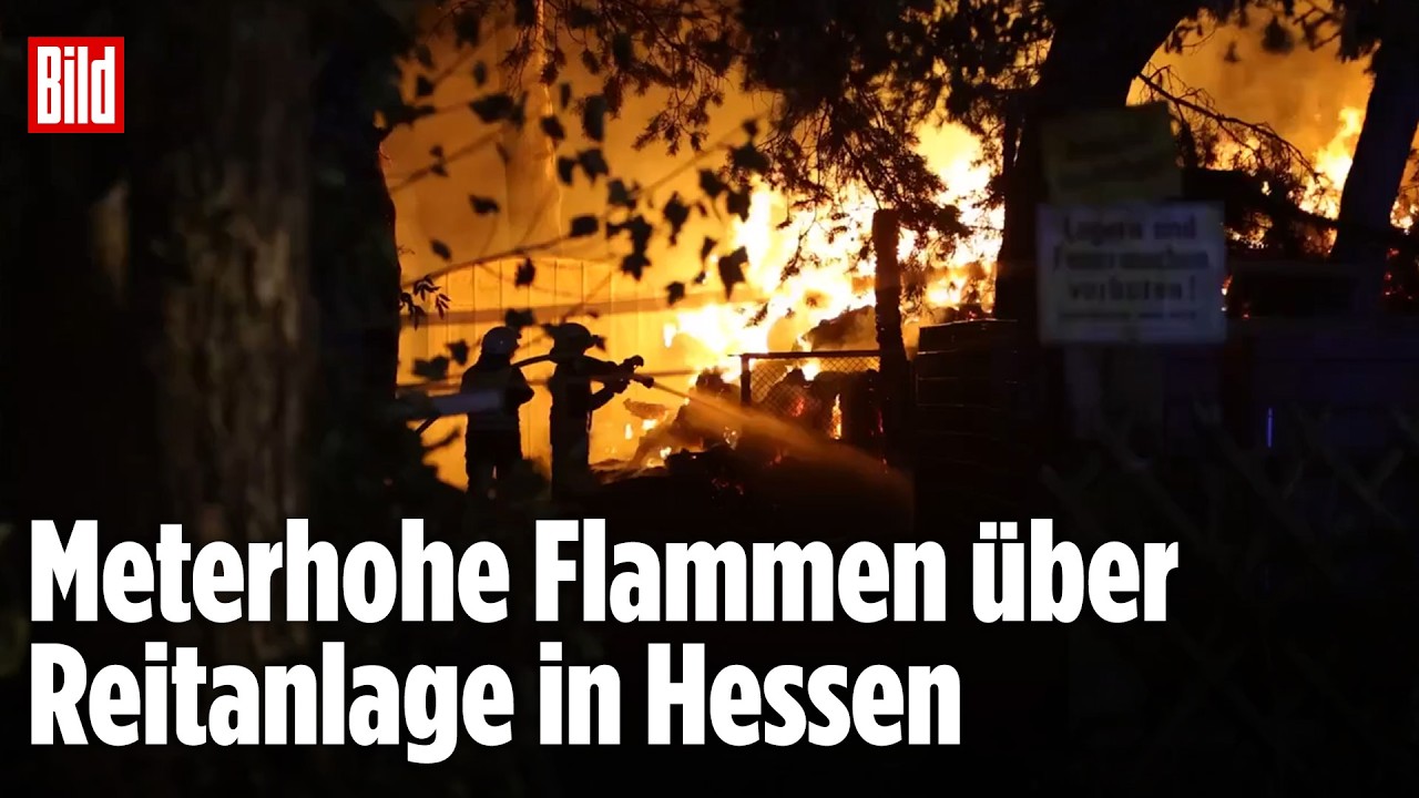 Großbrand in Hessen: Zwei Menschen bei Löscharbeiten von Reiterhalle verletzt