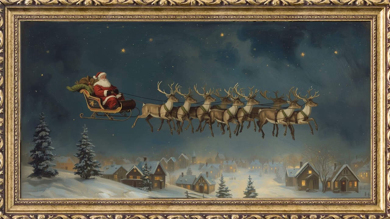 Santa Sleigh Christmas Village Gold Frame TV Art Screensaver | 2 Hours 4K — 4K ambient art screensaver in baroque gold frame