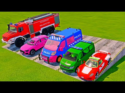 LOAD & TRANSPORT POLICE CARS ALL COLORS | FIRE ENGINE, AUDI, MERCEDES wıth CRAZY MAN TRUCKS! FS22