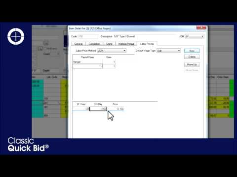 Quick Bid Master Database Item Detail Labor Pricing