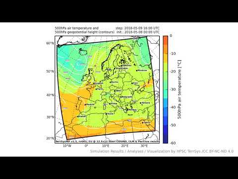 TerrSysMP monitoring run 2018-05-08 - 500hPa air temperature aund geopotential - Europe (72h)