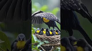Mother birds love with babies chick covered with wings in rain and protect baby #birds #forest