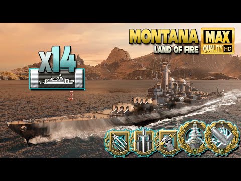 Battleship Montana: 14 citadelles on map Land of Fire - World of Warships
