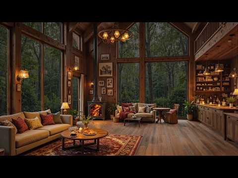 Cozy Jazz Ambience, Rainy Forest Cabin 🌲Soft Piano Jazz, Cozy Fireplace for Focus, Work