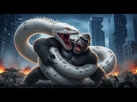 Giant Monster War: King Kong and the military forces fight the giant white titan snake.