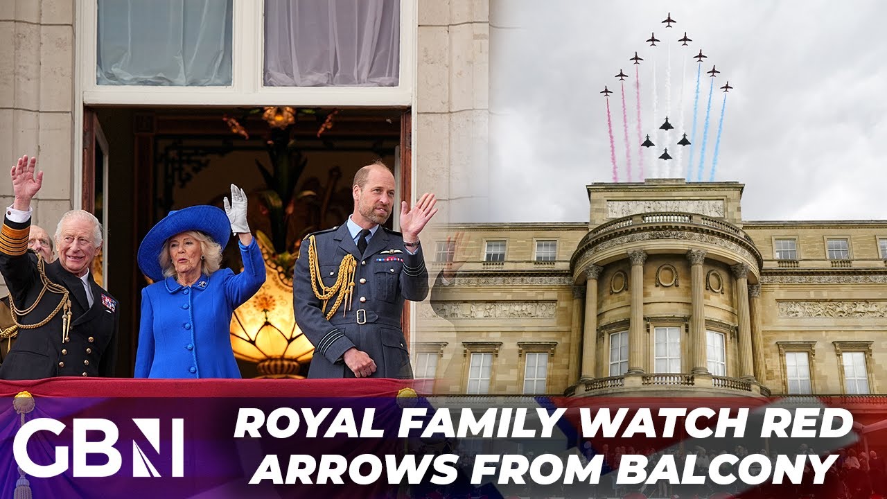 VE DAY: Royal Family Watch RAF Red Arrows Flypast from Buckingham Palace Balcony