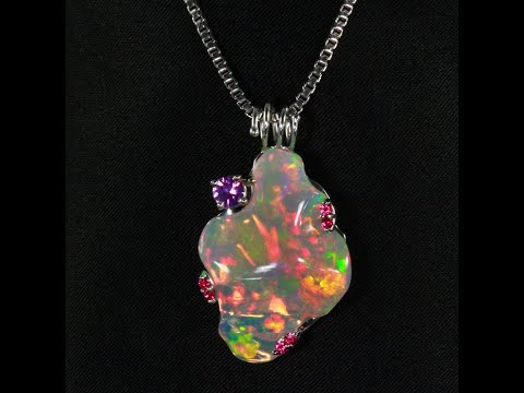 14K White Gold Freeform Opal and Pink Sapphire Pendant 10.60 Carats