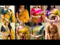 Beautiful Yellow Sarees With Contrast Blouse Designs Yellow Sarees With Contrast Blouse Designs ️