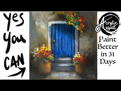 Village Blue Door and Flowers 🌟 How to Draw and Paint tutorial for Beginners: Acrylic August | Day 9