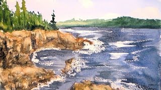Coastal landscape one brush watercolor tutorail