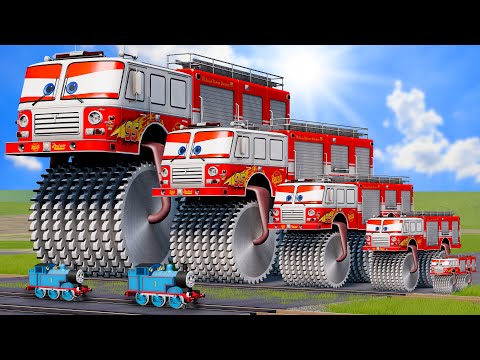 Big & Small Fire Truck Lightning Mcqueen Double Monster Saw Wheels vs Train Thomas | BeamNG.Drive
