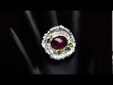 Серебряное кольцо с натуральными Хромдиопсидами Сапфирами и Рубином 18р видео