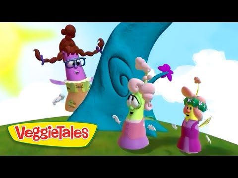 Colorful VeggieTales characters stand on a grassy hill beside a blue spiraled tree under a bright sky with a sun on the left.