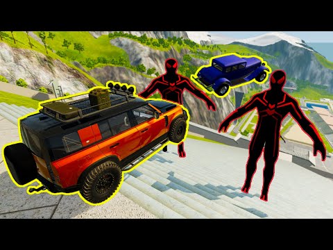 Crazy Vehicle Stairs Jumps Down With Giant BLACK SPIDERMAN - BeamNG.Drive Epic Stairs Jumps