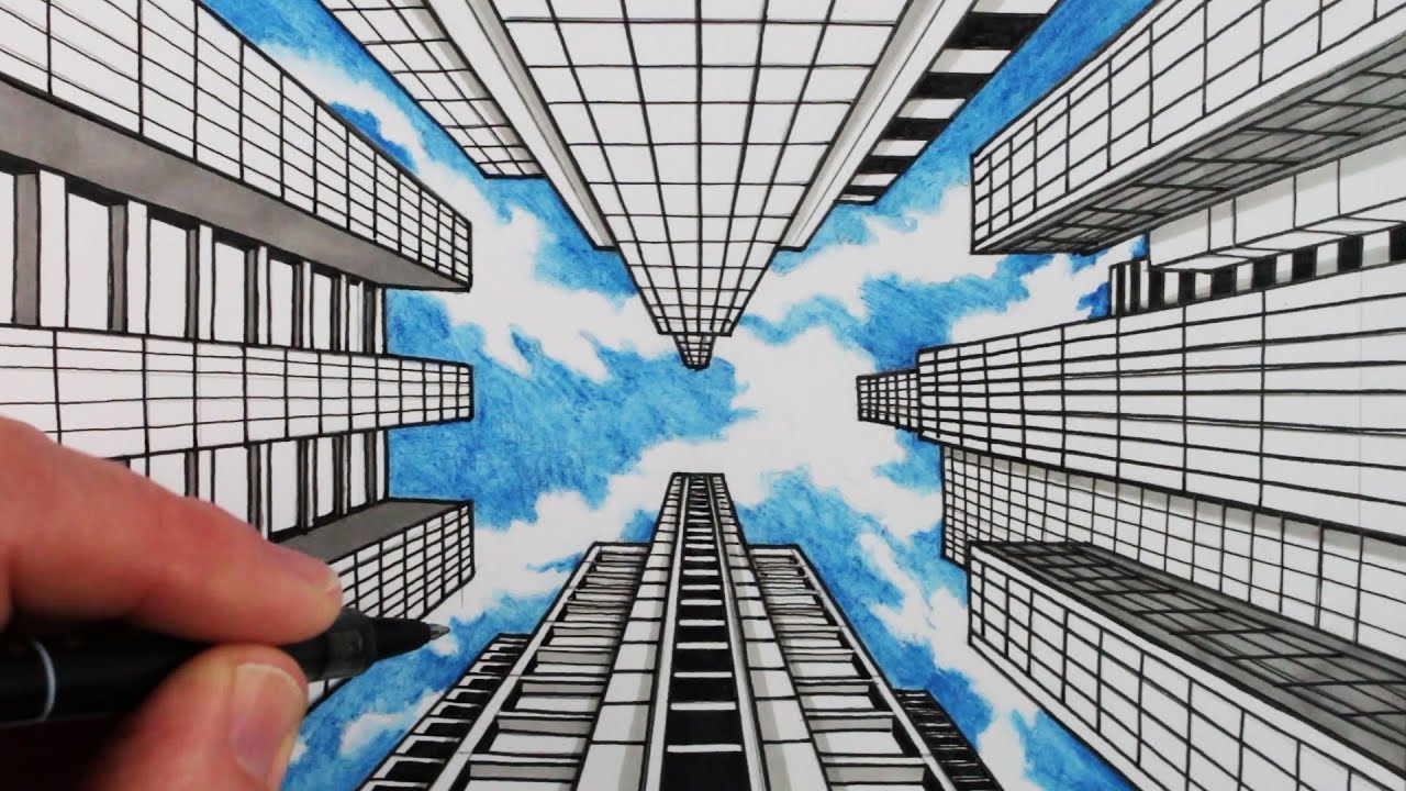 How to Draw 1-Point Perspective: Draw Buildings and Sky