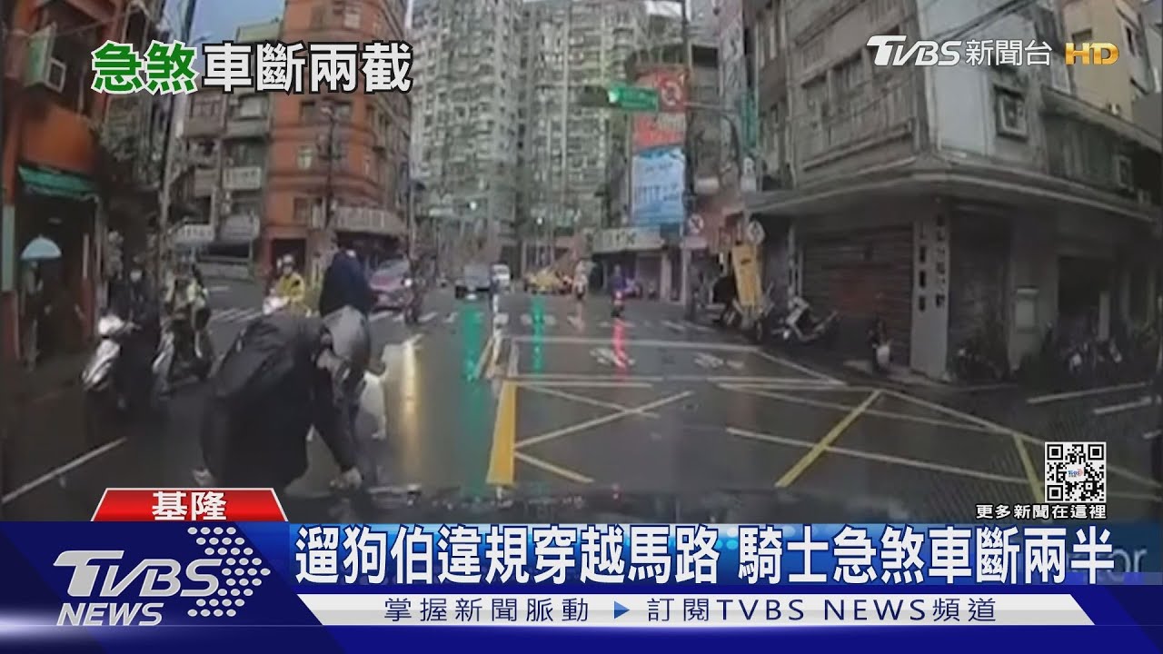 遛狗伯違規穿越馬路 騎士急煞車斷兩半
