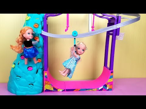 Indoor Play Place ! Elsa and Anna toddlers - zip line - foam pit - Barbie - playdate