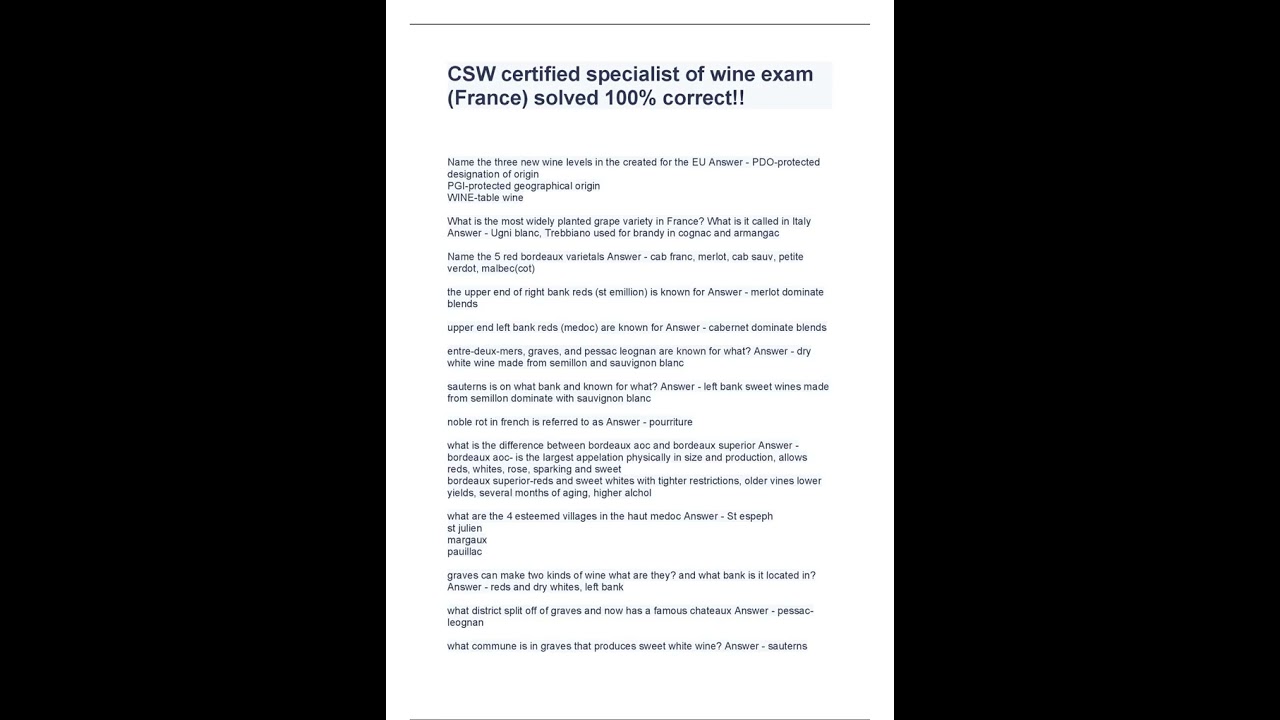 CSW certified specialist of wine exam France solved 100% correct!!