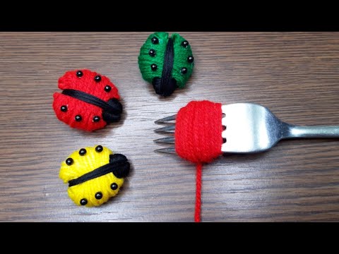 Amazing Woolen Craft Idea With Fork-Easy Ladybug Making Idea With Woolen Yarn-Wool Thread Design