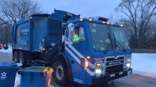 Republic Services 2415: Mack LEU Heil Python Garbage Truck Speeding Thru Rte During A Snowy Sunrise