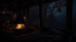 Heavy Rain in the Woods | Fireplace Ambiance in Cozy Cabin for Deep Rest and a Calm Mind