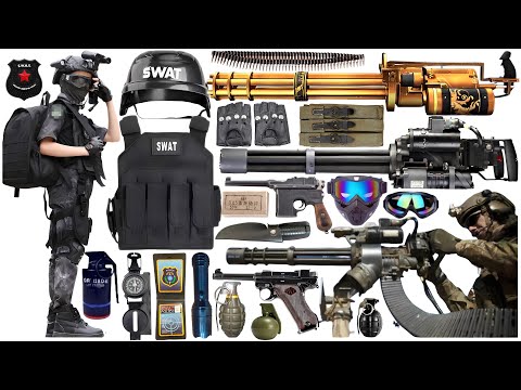 Special police weapon toy set unboxing, Gatling heavy machine gun, AWM sniper rifle,AK47 rifle, Colt