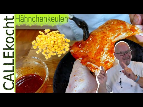Knusprige Hähnchenschenkel im Backofen auf Kartoffel-Maisgemüse Rezept CALLEkocht