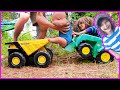 Toy Dump Truck and Tractor Deliver Baby To Swing