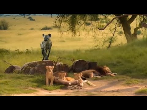 The hyena didn’t know the Big Daddy Lion was right beside the cubs…