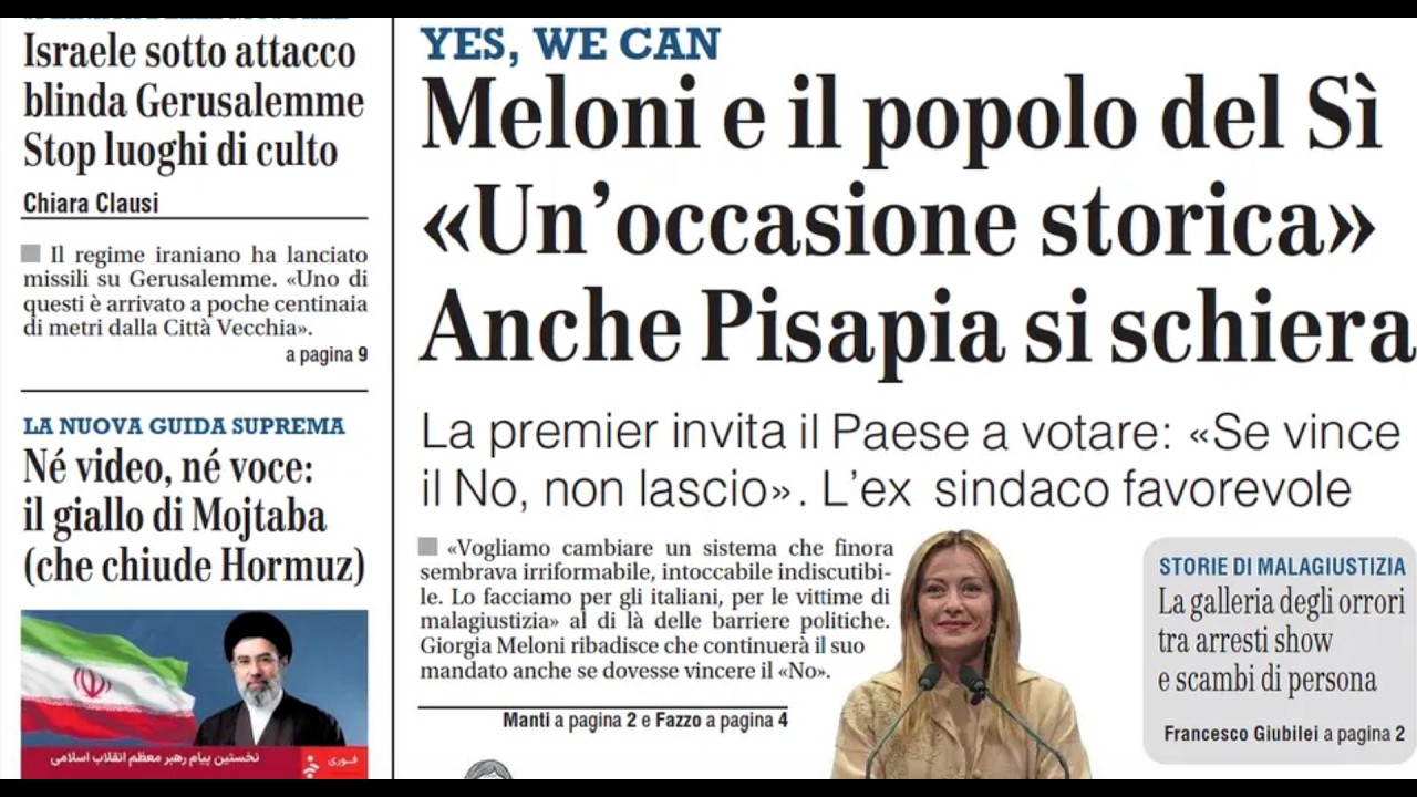RASSEGNA STAMPA 13 MARZO 2026. QUOTIDIANI NAZIONALI ITALIANI  PRIME PAGINE DEI GIORNALI DI OGGI