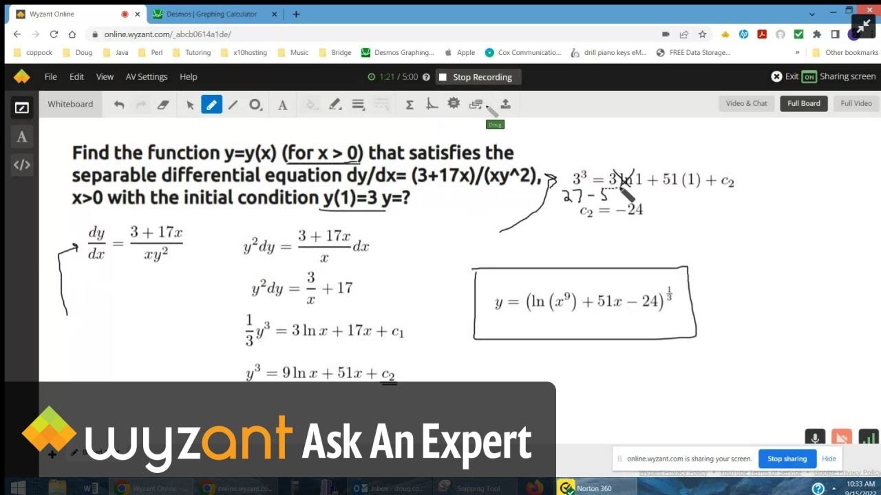 Solve a separable differential equation given initial value.