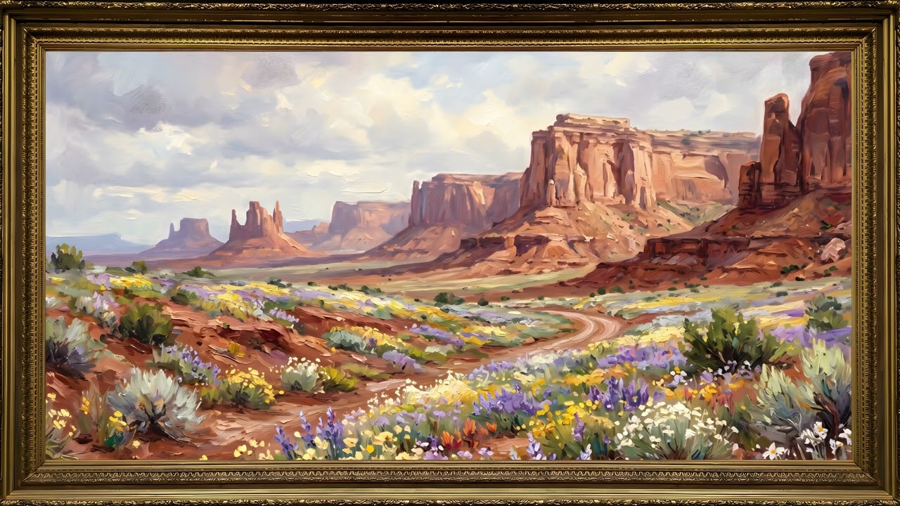 Desert Wildflower Bloom | Southern Utah Oil Painting 4K πΈπ΅ | 2 Hours Relaxing TV Art (Gold Frame) β 4K ambient art screensaver in baroque gold frame