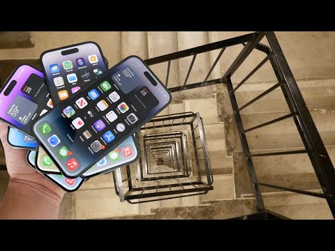 Dropping a Stack of (7) iPhone 14 Pro's Down Crazy Spiral Staircase 300 Feet - Will They Survive?