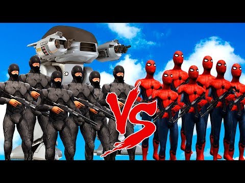 SPIDERMAN SUIT ARMY vs ROBOCOP ARMY & ED 209 - EPIC SUPERHEROES WAR!