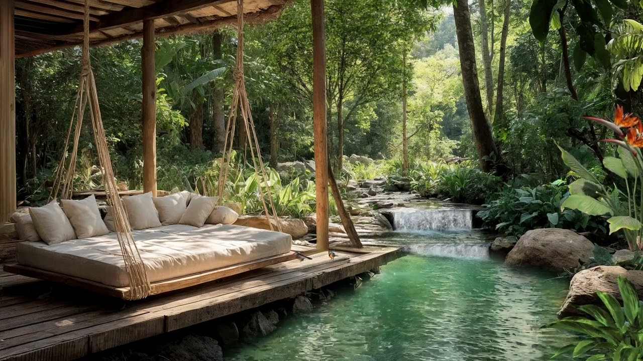 Tropical Forest Retreat by a Crystal-Clear Stream | Soothing Water & Bird Sounds for Deep Relaxation