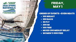 2026 USMS Spring Nationals | Day 2 - Friday, May 1 | Even Heats | Greensboro NC