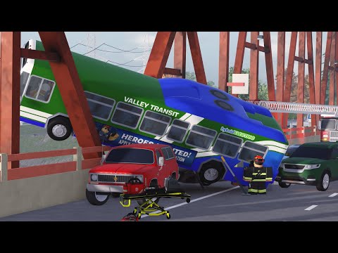 Metro bus crashes on highway bridge - emergency response