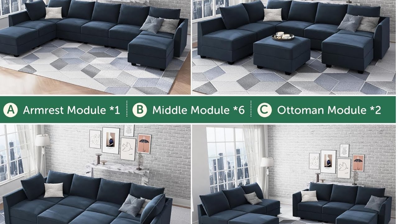 Modular Sectional Sofa with Ottoman Oversized U Shaped Couch with Reversible Chaise Velvet Sleeper
